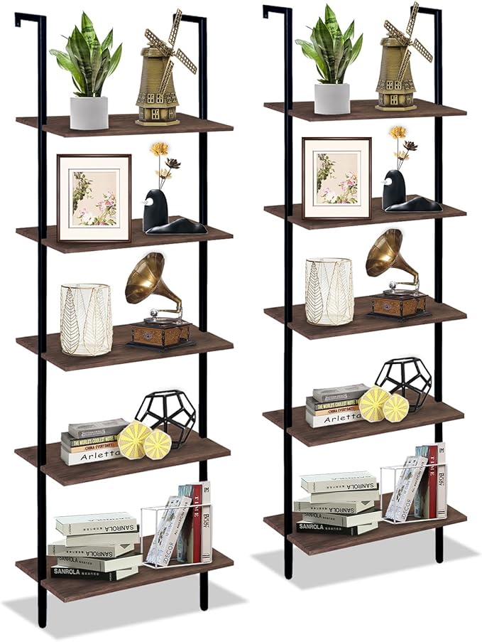 5 Tiers Ladder Shelf 2-Piece Black Modern Tall Bookshelf Open Large Tall Wall Mount Storage Bookcase Standing Leaning Wall Shelves Industrial Decorative