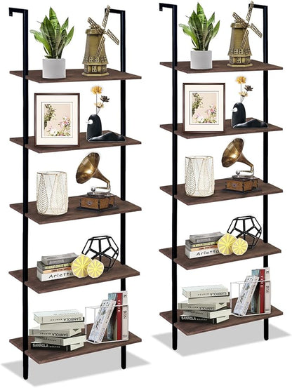 5 Tiers Ladder Shelf 2-Piece Black Modern Tall Bookshelf Open Large Tall Wall Mount Storage Bookcase Standing Leaning Wall Shelves Industrial Decorative