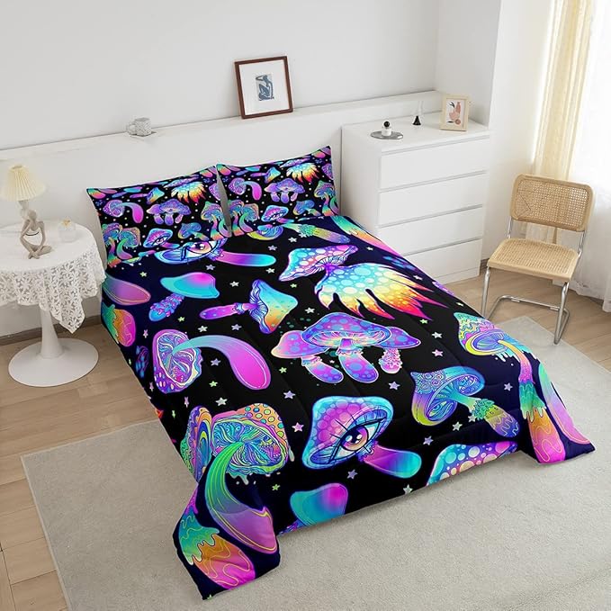 Mushroom Comforter Set Full,Kawaii Trippy Botanical Bedding Set Psychedelic Plant Down Comforter For Kids Girls Teens Women Cartoon Cute Mushroom Room Decor Quilt Duvet Set With 2 Pillow Cases Black