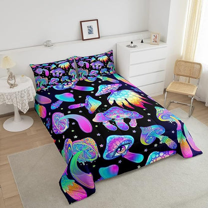 Mushroom Comforter Set Twin,Kawaii Trippy Botanical Bedding Set Psychedelic Plant Down Comforter For Kids Girls Teens Women Cartoon Cute Mushroom Room Decor Quilt Duvet Set With 1 Pillow Case Black