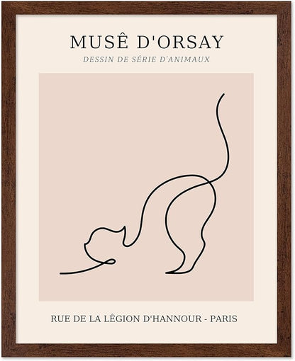 Poster Master Vintage Poster - Retro One Line Cat Drawing Print - Cat Art - Minimal Gift for Men, Women, Animal Lover - Abstract Wall Decor for Home, Office, Bedroom, 16x20 Brown Framed