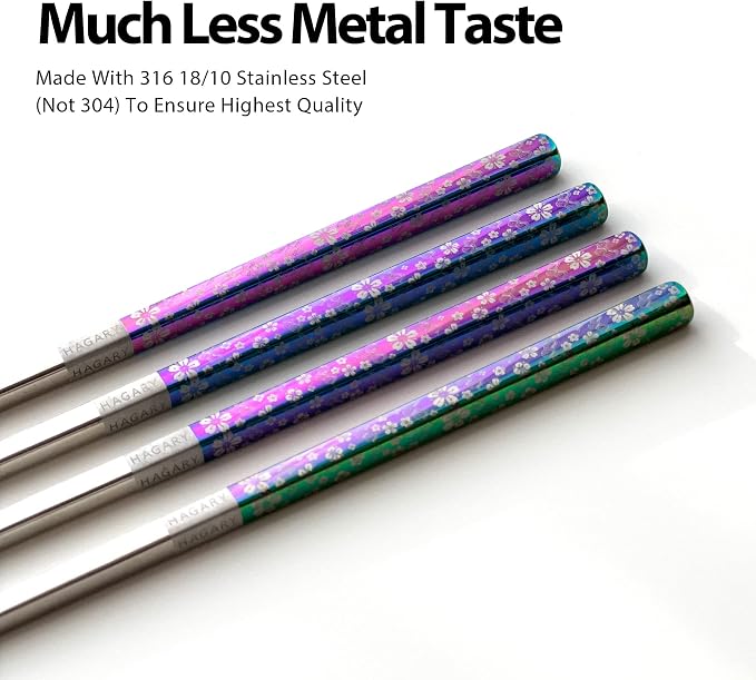 Hagary Cherry Blossom Rainbow Chopsticks Metal Chopsticks Reusable Designed In Korea Japanese Style Stainless Steel 316 18/10 Non-Slip Dishwasher Safe (5 Pairs)