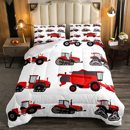 Red Tractor Comforter Set Full Size Heavy Equipment Truck Bedding Set For Kids Boys Girls Teens Harvester Tractor Down Comforter Farm Equipment Quilt Set Bedroom Collection 3Pcs Car Room Decor