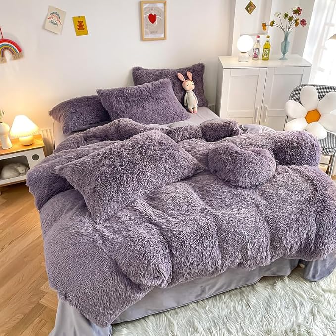 Faux Fur Kid Girls Purple Comforter Sets King - 3PC Bed Set Warm Comfortable Soft Plush Flannel Velvet Fluffy Fuzzy Bedding（Comforter x 1 Pillowcases x 2）