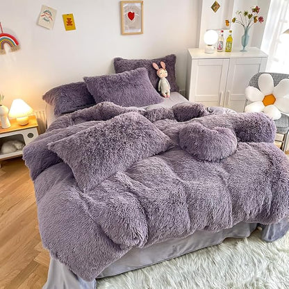 Faux Fur Kid Girls Purple Comforter Sets King - 3PC Bed Set Warm Comfortable Soft Plush Flannel Velvet Fluffy Fuzzy Bedding（Comforter x 1 Pillowcases x 2）