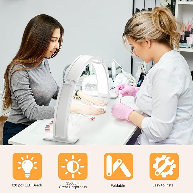 Foldable Half Moon Nail Desk Lamp 29.5Inch, Stepless Dimming Brightness 3360 Lumen Led Light for Nails, Manicure Desk Light for Lash Tech, Cosmetic, Tattoo, Eyebrows, White
