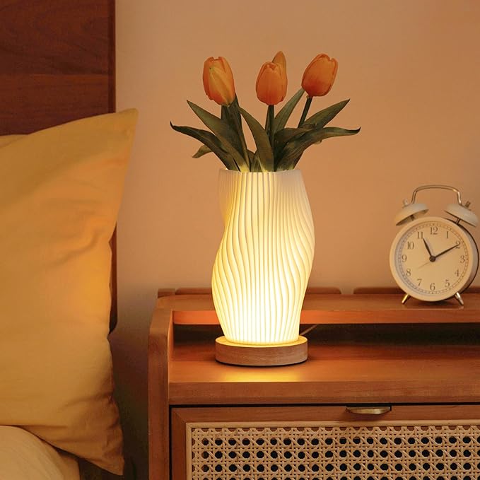 Bedside Lamps for Bedroom Nightstand Lamp,Vintage Style Striped Small Night Light Lamp,Gold Mini Modern Lamp with Woodbase,Gold Mini Table Lamp LED Lights for Living Room,Dorm,Kids Room,Office