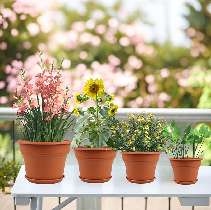 6 Inch Plastic-Flower Pot-for-Indoor Plants, 6 Pack Outdoor Plant Pots with Drainage Holes & Saucers, Resin Garden Pots Planters