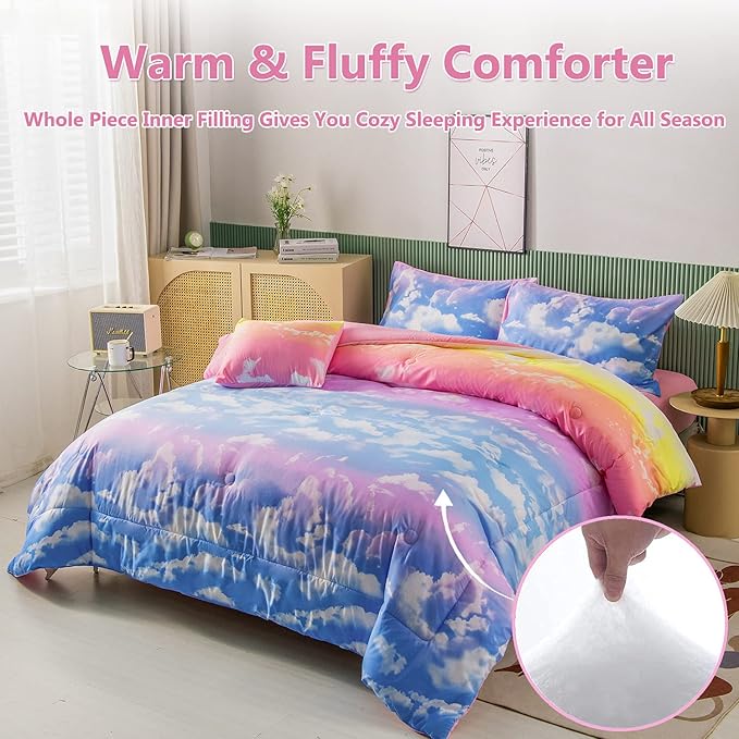 PERFEMET Twin Comforter Set for Girls, Corlofrul Rainbow Twin Size Bedding Set, 6Pcs Blue Sky and White Cloud Print Twin Size Bed in A Bag with Comforter and Sheets