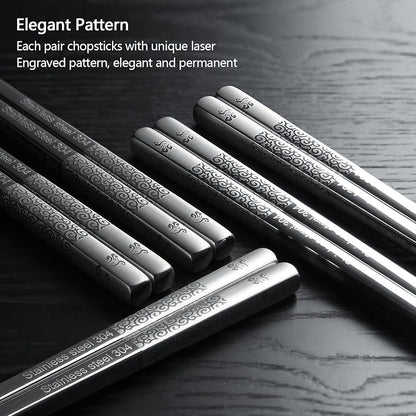 IQCWOOD 18/8 Stainless Steel Chopsticks, 5 Pairs Reusable Metal Chopsticks with Laser Engraved, Dishwasher Safe Non-Slip Square Japanese Korean Style for Cooking Eating, 9 1/4 Inches Gift Set