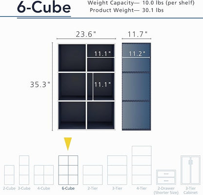 Apexa 6 Cube Storage Organizer Shelves, Stackable Wood Bookcase Fits Cubby Bins for Organization, Dorm Teen Room Decor & Home Office, Steel Blue