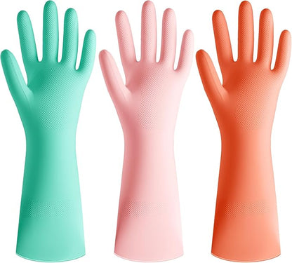 Rubber Cleaning Dishwashing Kitchen-Gloves - 3 Pairs Colorful Dish Gloves,Reusable Rubber Gloves for Dishwashing