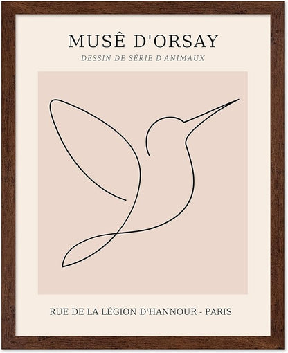 Poster Master Vintage Poster - Retro One Line Hummingbird Drawing Print - Bird Line Art - Minimal Gift for Him, Her, Animal Lover - Abstract Decor for Home, Office, 11x14 Brown Framed