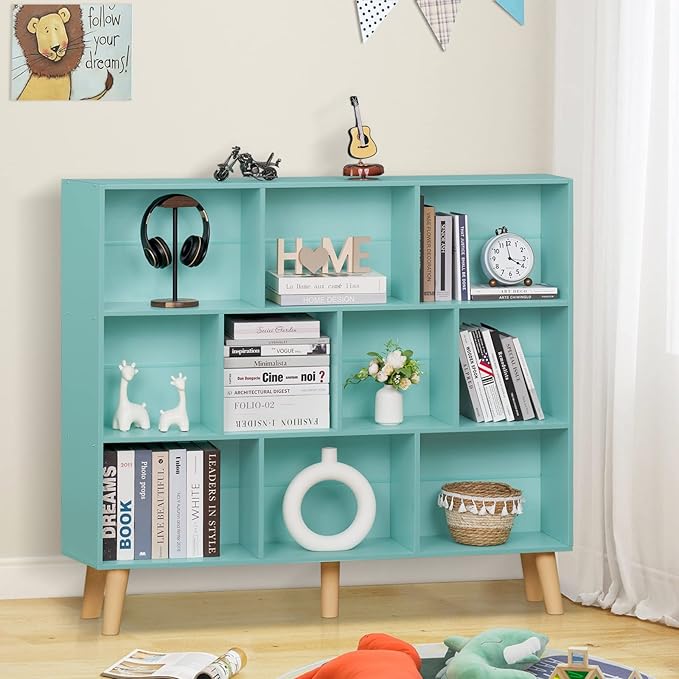 LEYAOYAO 10 Cube Bookshelf,3 Tier Modern Wide Bookcase with Legs,Mid-Century Wood Bookshelves Storage,Mint-Green Large Book Case,Freestanding Organizer Display Shelf for Bedroom,Living Room,Office