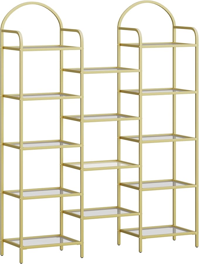 5 tier Bookcase Bookshelf, Tempered Glass Bookshelves, Triple Wide Glass Storage Rack with 14 Open Storage Spaces, Display Shelf for Living Room, Home Office, Bedroom, Gold BC50101G