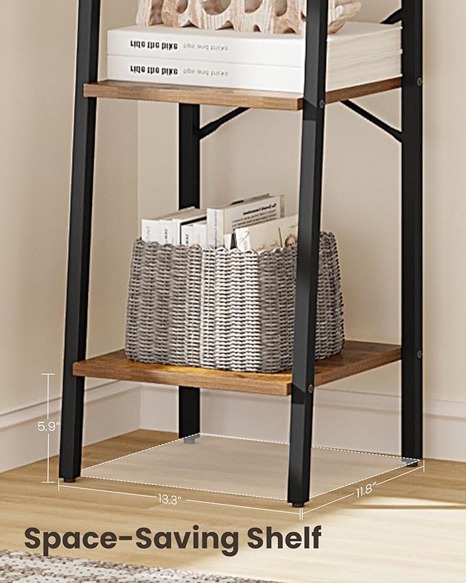 Ladder Shelf, Bookshelf Bookcase, Freestanding Corner Storage Shelve with 2 Hooks for Home Office, Living Room, Kitchen, Bedroom, Industrial, 4-Tier Rustic Brown BC13201B