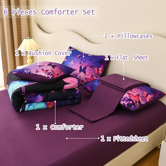 DORCAS Butterfly Comforter Sets for Girls,Twin Size Butterfly Bedding Sets Girls,6 Pieces Girls Bedding Sets Twin with Comforter Sheets for Teens Kids