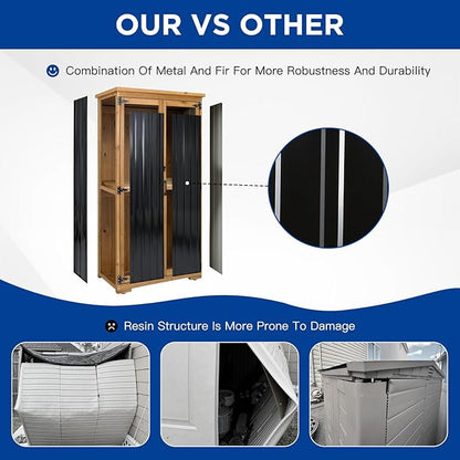 Outdoor Storage Cabinet Wood & Metal with Waterproof Roof, Garden Tool Shed with 3 Removable Shelves, 4 adjustable reinforced feet with metal brackets, 6 T-Hinge, magnetic door,15.6"D x 32.3"W x 66"H