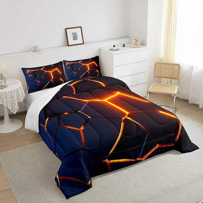 Honeycomb Print Bedding Set Red Black Fire Hexagonal Pattern Comforter Set for Kids Boys Girls Teens Beehive Geometrical Comforter Breathable Simplistic Duvet Set Room Decor Quilt Set Queen Size