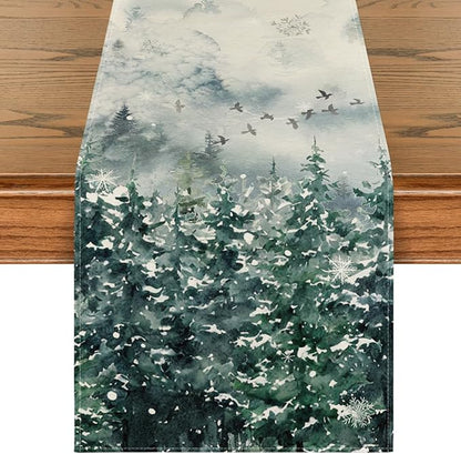 Artoid Mode Green Tree Snow Christmas Table Runner, Seasonal Winter Holiday Kitchen Dining Table Decoration for Home Party Decor 13x120 Inch