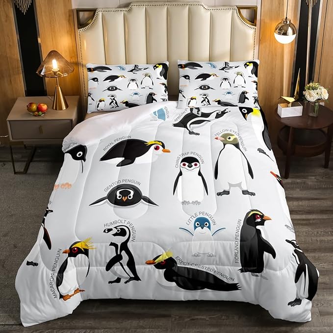 Erosebridal Penguin Comforter Set King Size,Black White Penguins Bedding Set Cute Animal Down Comforter for Kids Boys Girls Teens,Wildlife Grey Bedding Quilted Sets with 2 Pillow Cases Bedroom Decor