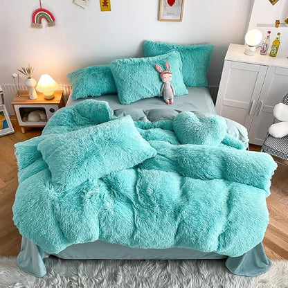 Faux Fur Kids Girls Sky Blue Comforter Sets King - 3PC Bed Set Warm Comfortable Soft Plush Flannel Velvet Fluffy Fuzzy Bedding（Comforter x 1 Pillowcases x 2）