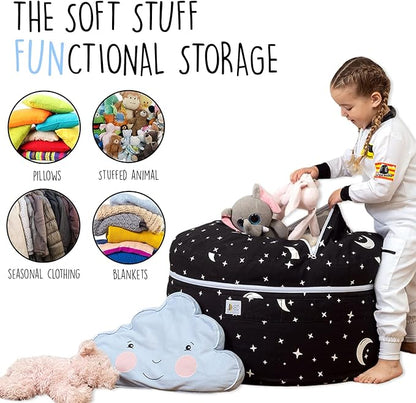 Stuffed Animal Storage Bean Bag Chair Cover for Kids & Adults | Washable XL Stuffie Seat | 100% Cotton | Pouf Organizer for Plush Toys, Linens, Quilts & Pillows | Starry Night