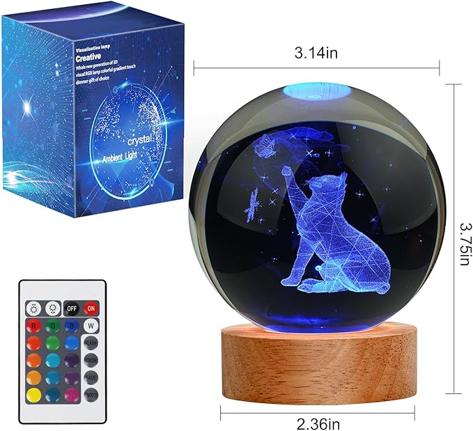 Cat Gifts for Cat Lovers for Women, Large 3D Cat Night Light, Crystal Cat Figurines Lamp 16 Color Changing with Remote Control for Bedroom Decor, Cat Play with Butterfly