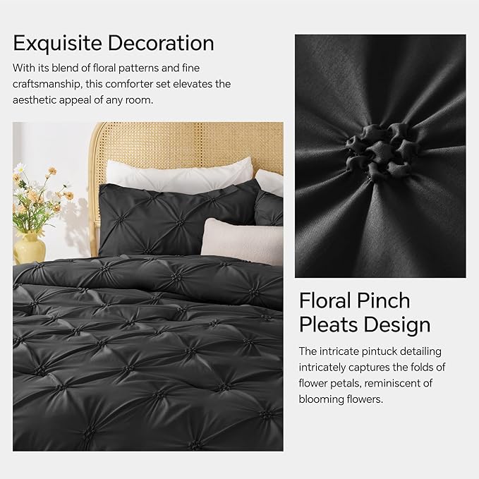 BEDELITE Black Twin Comforter Set for Girls - 2 Peices Boho Pintuck Bedding Comforter Sets, Lightweight Soft & Warm Twin Bedding Sets with 1 Pillowcase for All Season