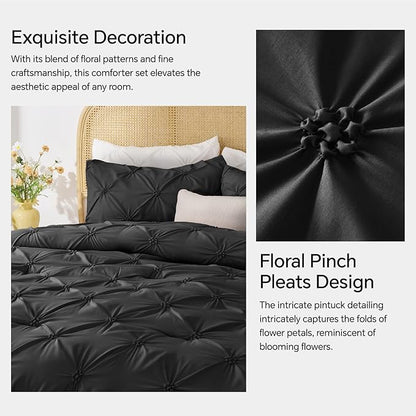 BEDELITE Black King Size Comforter Set - 3 Pieces Boho Pintuck Bedding Comforter Sets, Lightweight Soft & Warm King Bedding Set with 2 Pillowcases for All Season