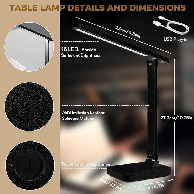 LED Desk Lamp with Touch Control, Reading Lamp No Flicker, 3 Color Modes, Foldable Table Lamp, Eye Caring Reading Light for Office, Home, Dormitory, USB Interface DC5V 1A(Black)