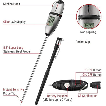 ThermoPro TP02S Digital Food Thermometer for Cooking Bread Baking Sourdough Liquids, Meat Thermometer Digital with Super Long Probe for Grill Kitchen BBQ Oil Milk Yogurt Candy Making Accessory