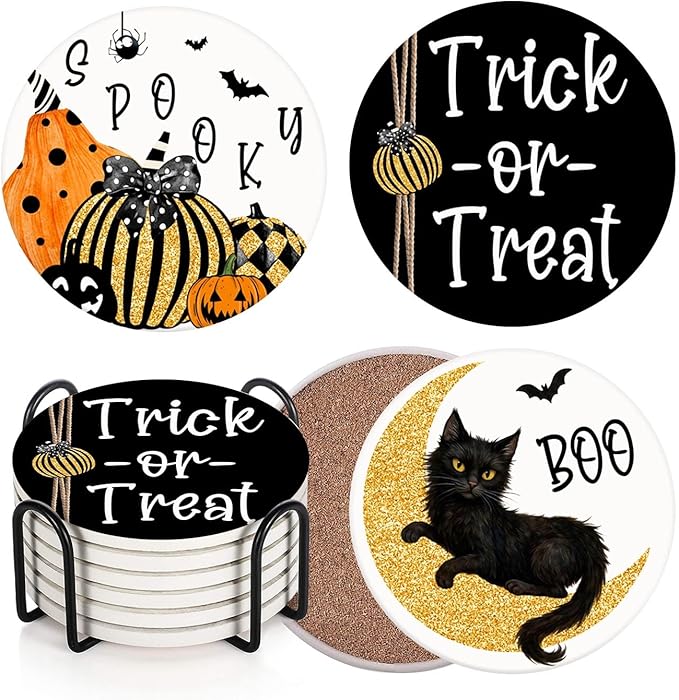 Coaster for Drinks Set of 6, Halloween Boo Black Cat Trick or Treat Spooky Pumpkin Bat Absorbent Round Ceramic Stone Mat, with Cork Base and Metal Holder, Gift for Housewarming Room Bar Decor