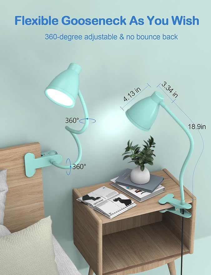 BOHON Desk Lamp with Clamp, 10W 38 LED Clip on Light, 3 Color 10 Brightness Auto Off Timer, Flexible Gooseneck Clip Lamp, Desk Lights for Office Home Bed Bedside Reading, Adapter Include, Teal