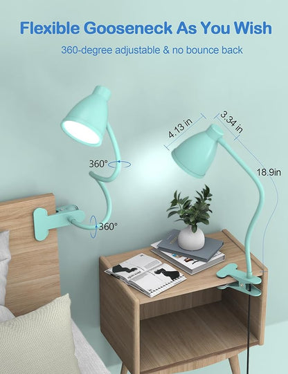 BOHON Desk Lamp with Clamp, 10W 38 LED Clip on Light, 3 Color 10 Brightness Auto Off Timer, Flexible Gooseneck Clip Lamp, Desk Lights for Office Home Bed Bedside Reading, Adapter Include, Teal