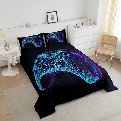 Gamer Comforter Set for Boys Teens Blue and Black Gaming Bedding Set Video Game Bedding Home Decor for Kids Comforter Twin Size 2 Pieces Gamepad Quilted Duvet Set 1 Comforter with 1 Pillowcase
