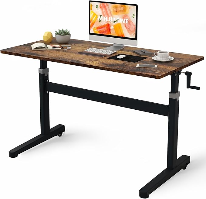 Manual Standing Desk Adjustable Height- Crank Mobile Standing Desk 48 x 24 Inches Sit Stand Desk Frame & Top, Stand Up Desk on Wheels, Computer Desk Black Frame & Rustic Brown