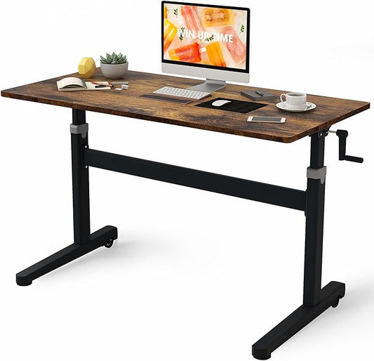 Manual Standing Desk Adjustable Height- Crank Mobile Standing Desk 48 x 24 Inches Sit Stand Desk Frame & Top, Stand Up Desk on Wheels, Computer Desk Black Frame & Rustic Brown