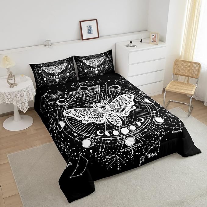 Kids Boho Moth Comforter Set King Boys Gothic Skull Bedding Set for Men Women Bedroom Decor Bohemian Moon Starry Sky Comforter Exotic Moth Skull Skeleton Bones Duvet Set Teens Quilt Set, Black White