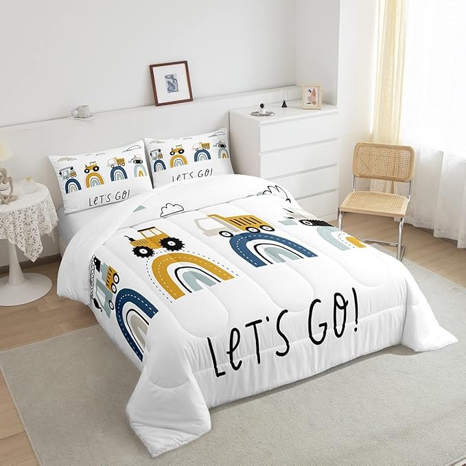 Feelyou Boys Cartoon Car Comforter Set, Kids Construction Vehicles Comforter for Kids Children Cartoon Rainbow Truck Bedding Set Cute Cars Soft Quilt Set Bedroom Collection 2Pcs Twin Size