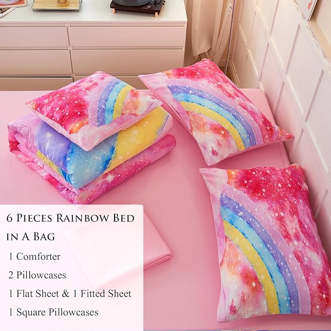 Rainbow Twin Size Comforter Set for Girls 6 Pieces Sparkle Tie Dye Pink Girls Bedding Comforter Sets Galaxy Kids Bed Comforter Sets Gradient Glitter Soft Bed in A Bag with Sheets