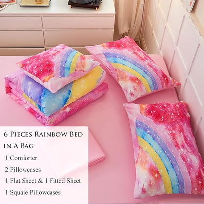 Rainbow Twin Size Comforter Set for Girls 6 Pieces Sparkle Tie Dye Pink Girls Bedding Comforter Sets Galaxy Kids Bed Comforter Sets Gradient Glitter Soft Bed in A Bag with Sheets