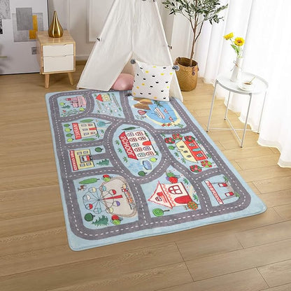 Non-slip Kids Playmat Rug for Playroom, 3'x 5' Blue Washable Children's Educational Rugs, Learning & Have Fun Safely City Life Road Traffic Play Mat Carpet for Baby Room Bedroom
