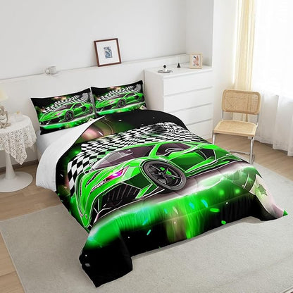 Feelyou Race Car Bedding Set Full Size,Boys Extreme Sports Comforter Set for Kids Boys Car Racing Gifts,Green Cool Car Comforter Car Sports Quilt Set 1 Comforter with 2 Pillowcase Car Racing Gifts