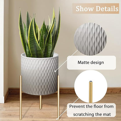 ARNIS Plants Pots with Stand,Set of 2 Flower Pots, Unique Mid Century Decorative Metal Flower Pots with Drainage,10.5&12.25 Inch, Grey and White