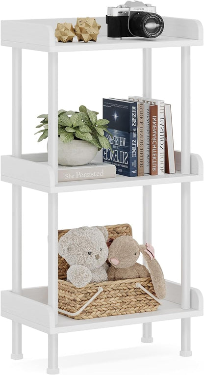 Bookshelf Small Book Shelf - 3-Tier Wood Bookcase Industrial Bookshelf with Edge Protection Metal Standing Book Shelves Display Book Rack for Living Room Bedroom Home Office (White)