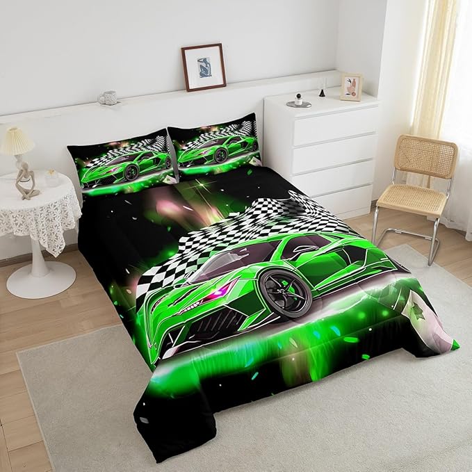 Feelyou Race Car Bedding Set Full Size,Boys Extreme Sports Comforter Set for Kids Boys Car Racing Gifts,Green Cool Car Comforter Car Sports Quilt Set 1 Comforter with 2 Pillowcase Car Racing Gifts