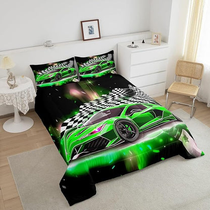 Feelyou Race Car Bedding Set Full Size,Boys Extreme Sports Comforter Set for Kids Boys Car Racing Gifts,Green Cool Car Comforter Car Sports Quilt Set 1 Comforter with 2 Pillowcase Car Racing Gifts