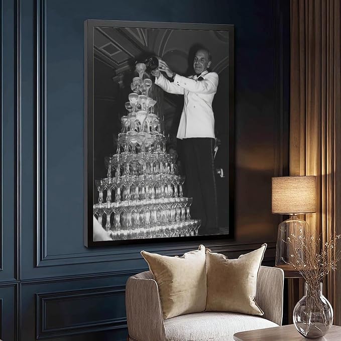 Champagne Tower 1920s, Pouring Over Stacked Glasses Black And White , Alcohol Poster, Bar Cart , Retro Wall Decor Canvas Poster Bedroom Decor Sports Landscape Office Room Decor Gift Black Frame 08x12i