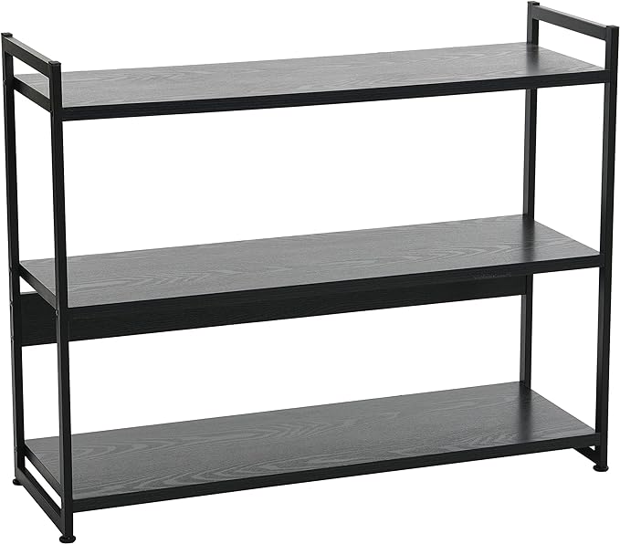 Household Essentials 3 Tier Wide Book Shelf, Medium, Black Oak Finish